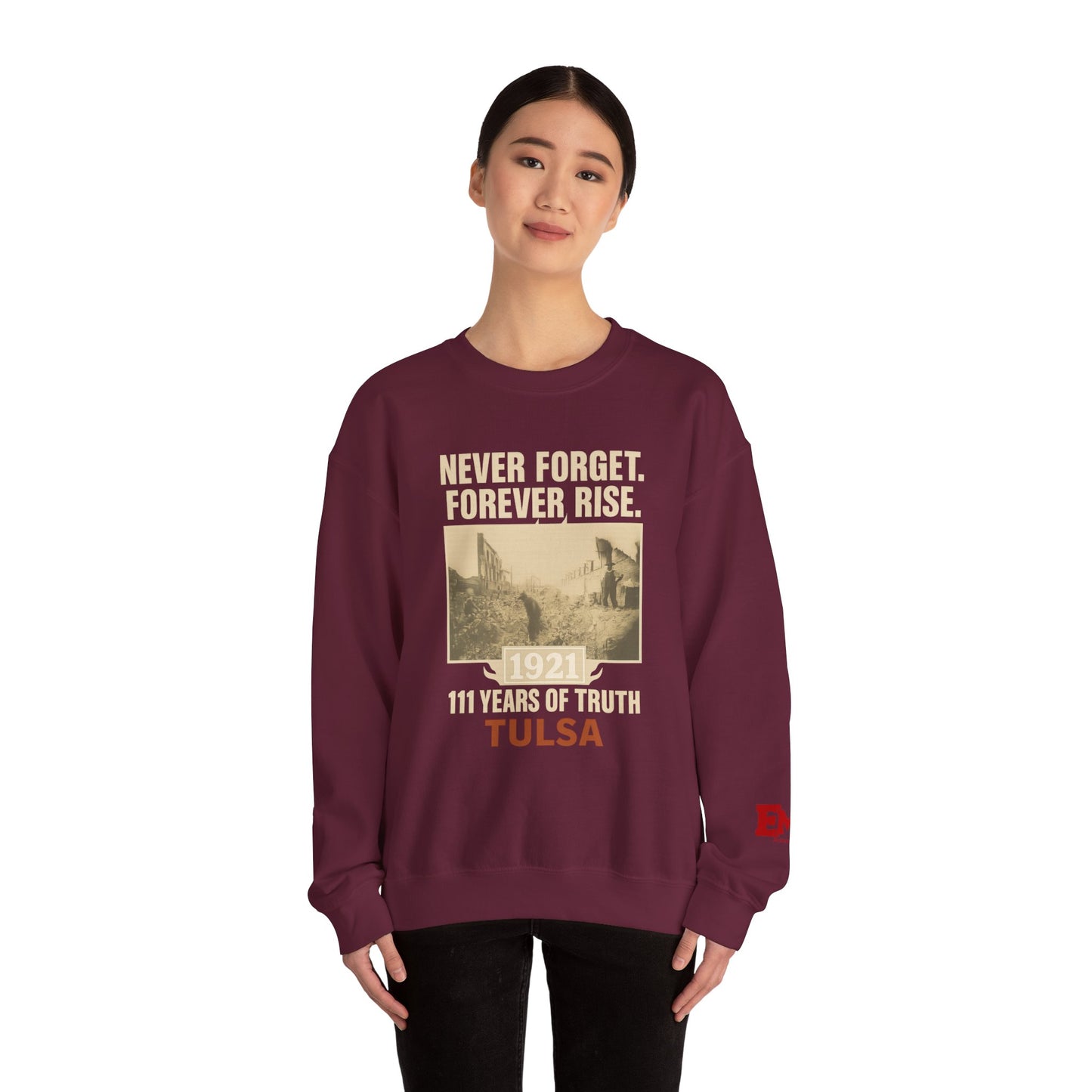 EMIY Tulsa Remembered Vintage Crewneck Sweatshirt — "Never Forget Forever Rise"