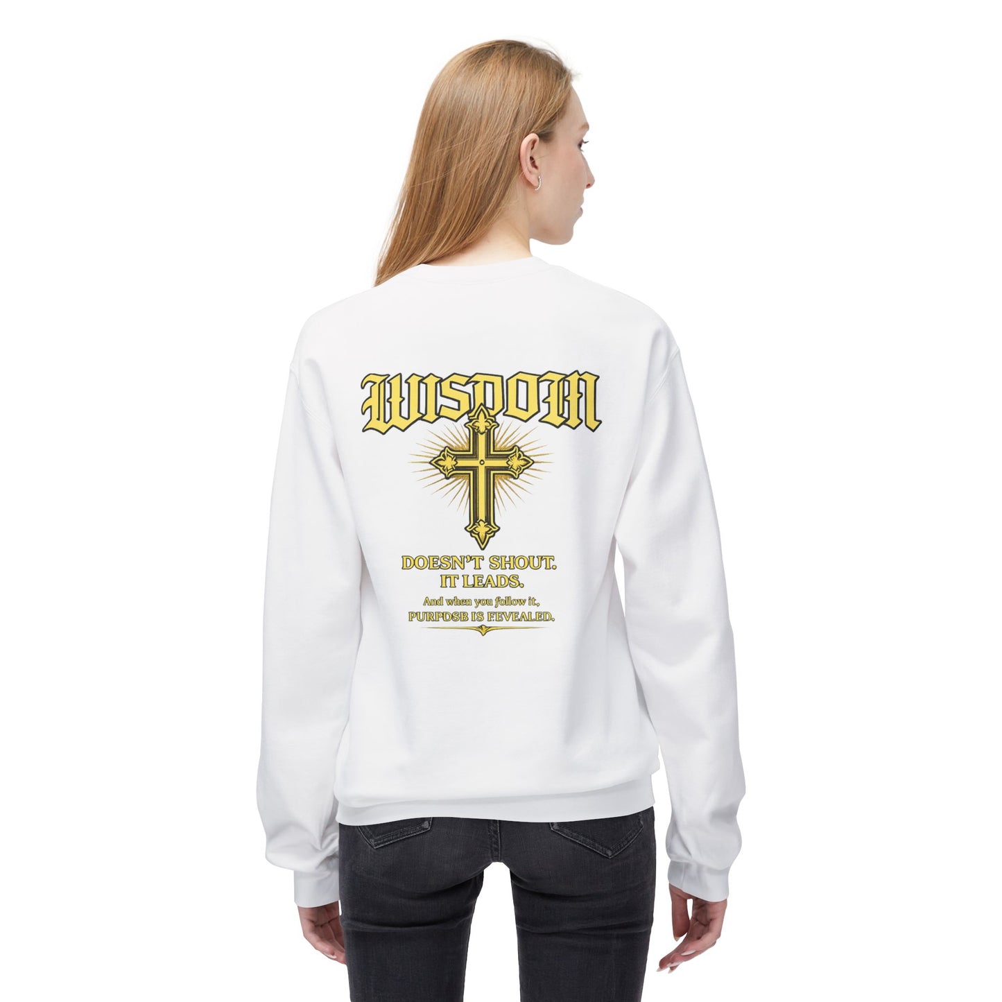 EMIY Wisdom Cross Crewneck Sweatshirt — "Wisdom Doesn’t Shout, It Leads"