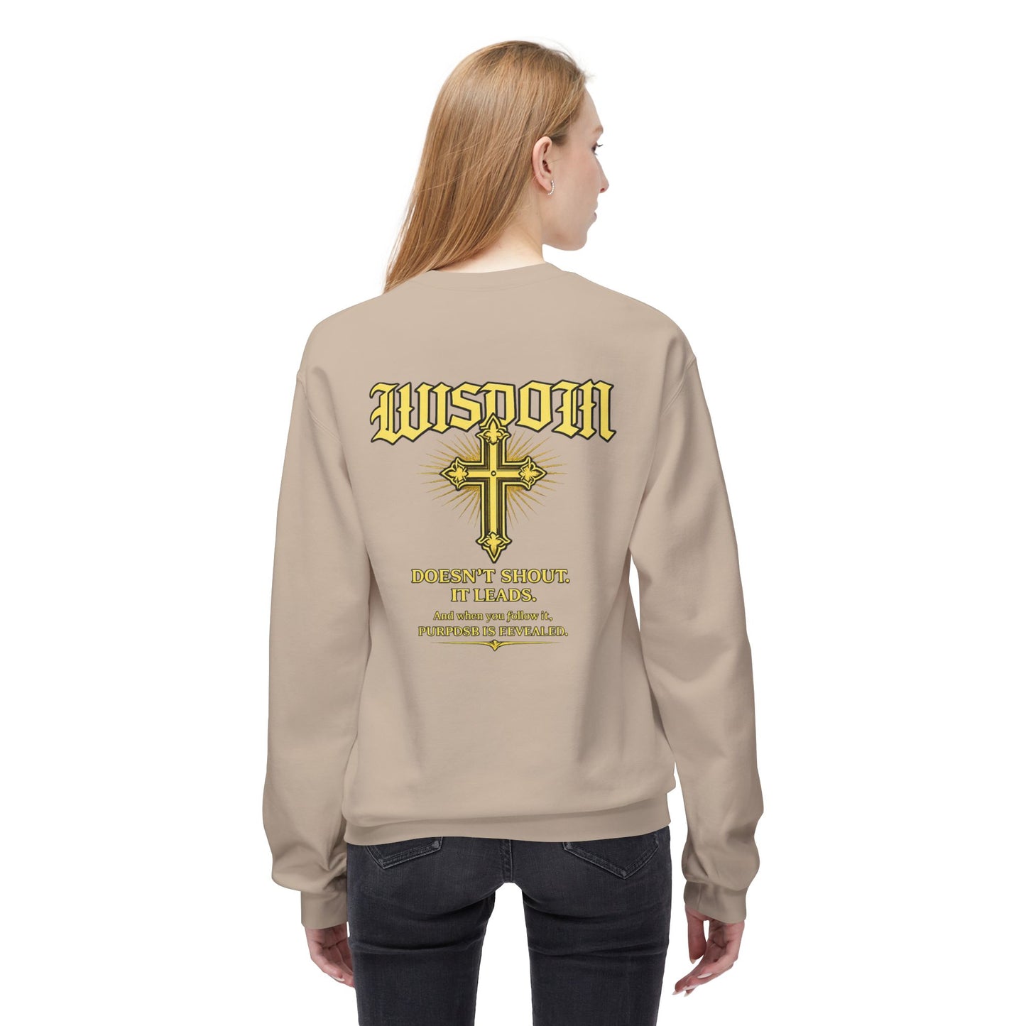EMIY Wisdom Cross Crewneck Sweatshirt — "Wisdom Doesn’t Shout, It Leads"
