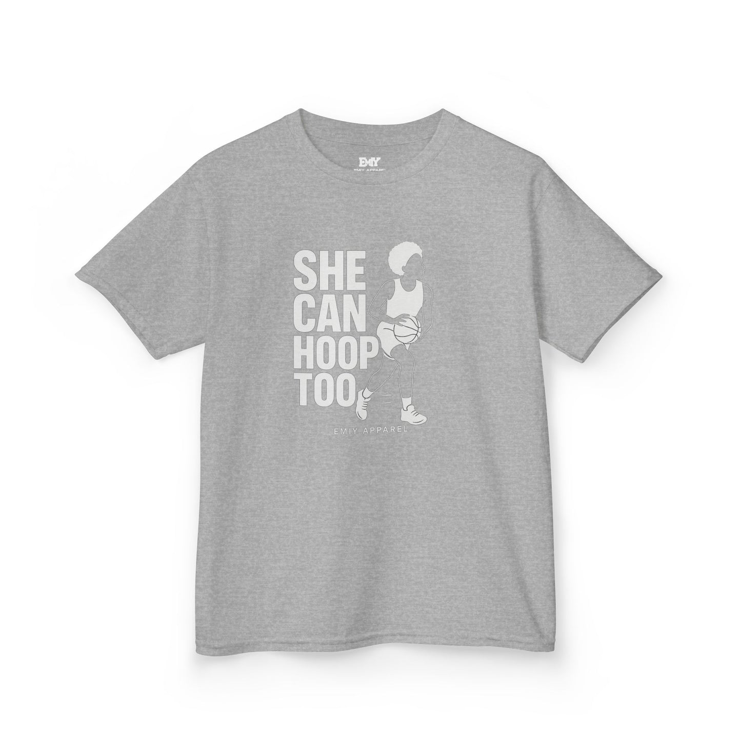 She Can Hoop Too Kids T‑Shirt — Girls Basketball Pride Tee