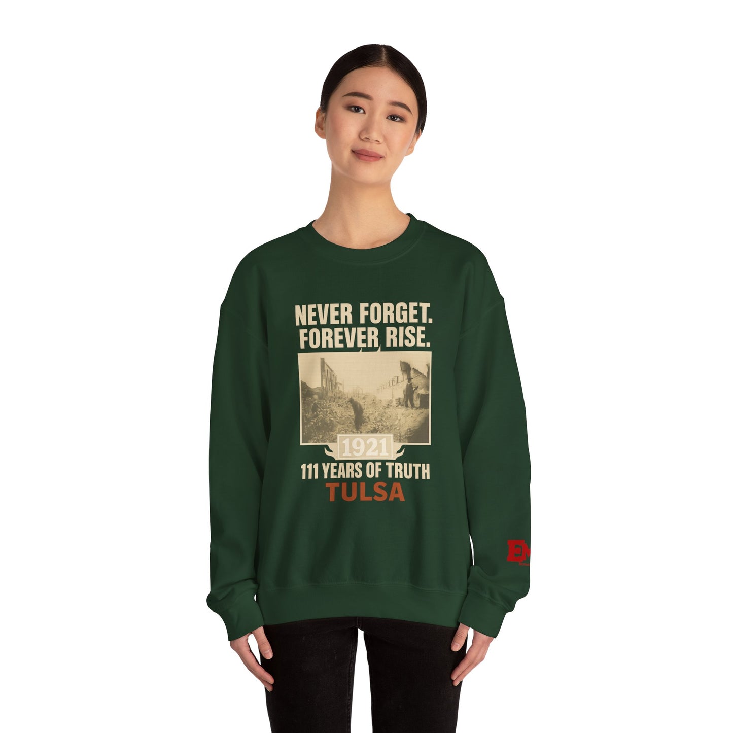 EMIY Tulsa Remembered Vintage Crewneck Sweatshirt — "Never Forget Forever Rise"