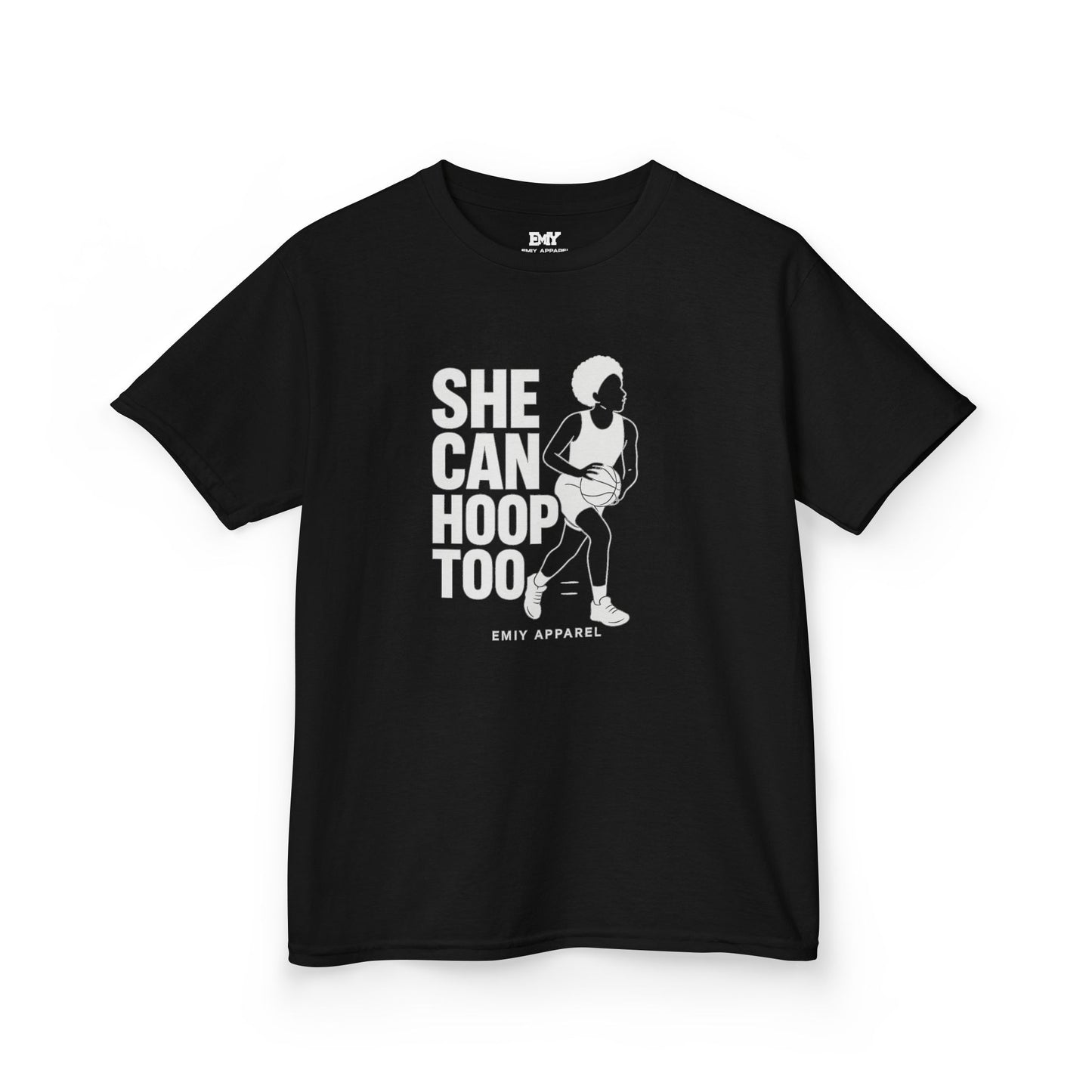 She Can Hoop Too Kids T‑Shirt — Girls Basketball Pride Tee