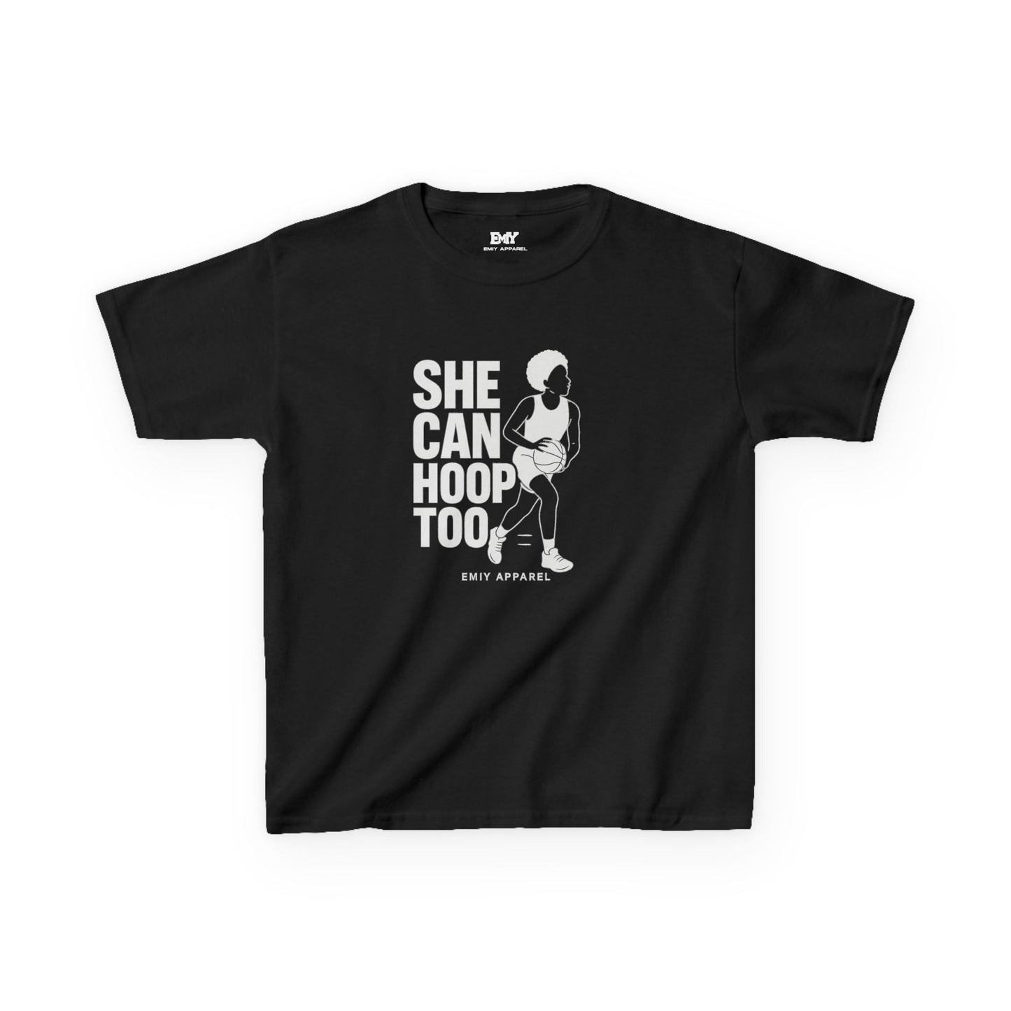 She Can Hoop Too Kids T‑Shirt — Girls Basketball Pride Tee